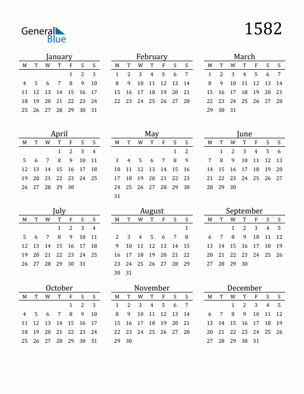 Free Printable Calendar 1582 with Monday Start