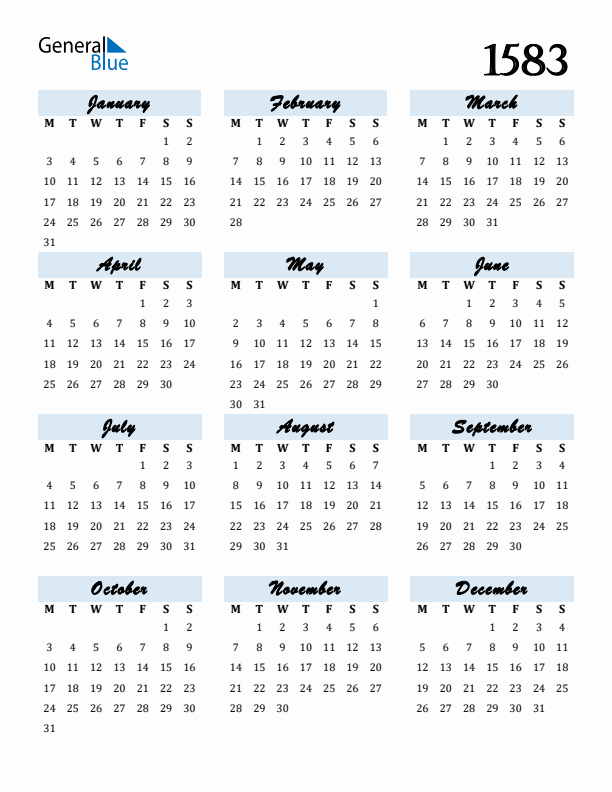 Calendar 1583 Free Download and Print