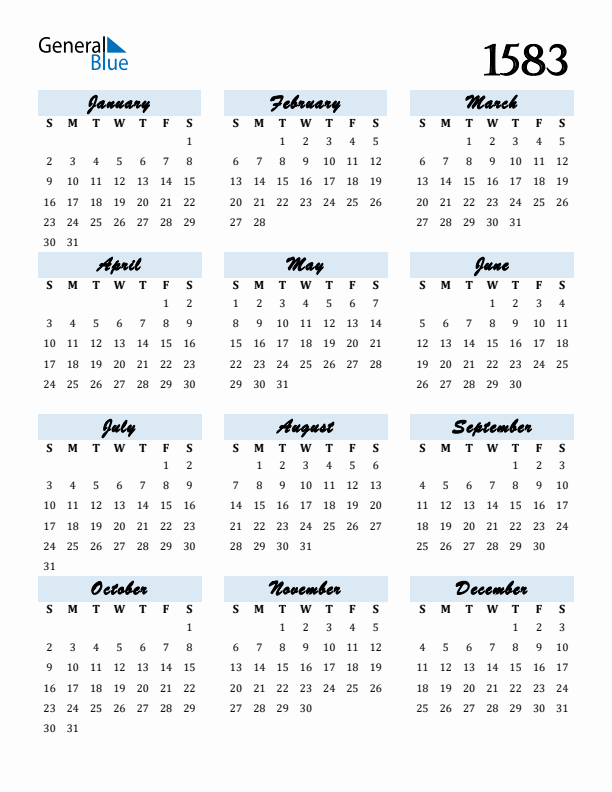 Calendar 1583 Free Download and Print