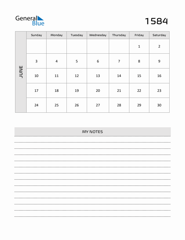 June 1584 Printable Monthly Calendar with Notes