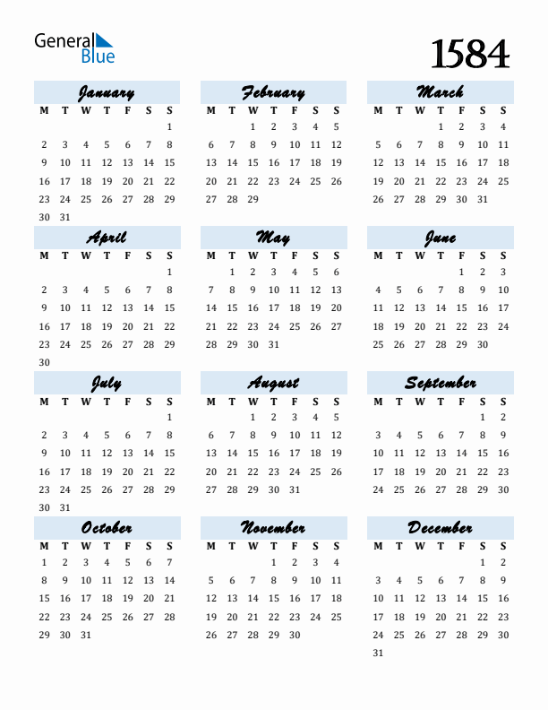 Free Downloadable Calendar for Year 1584