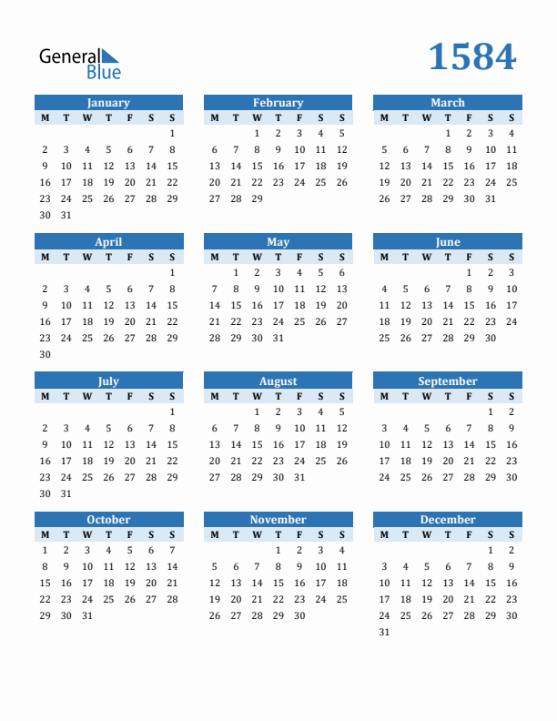 1584 Yearly Calendar Templates with Monday Start