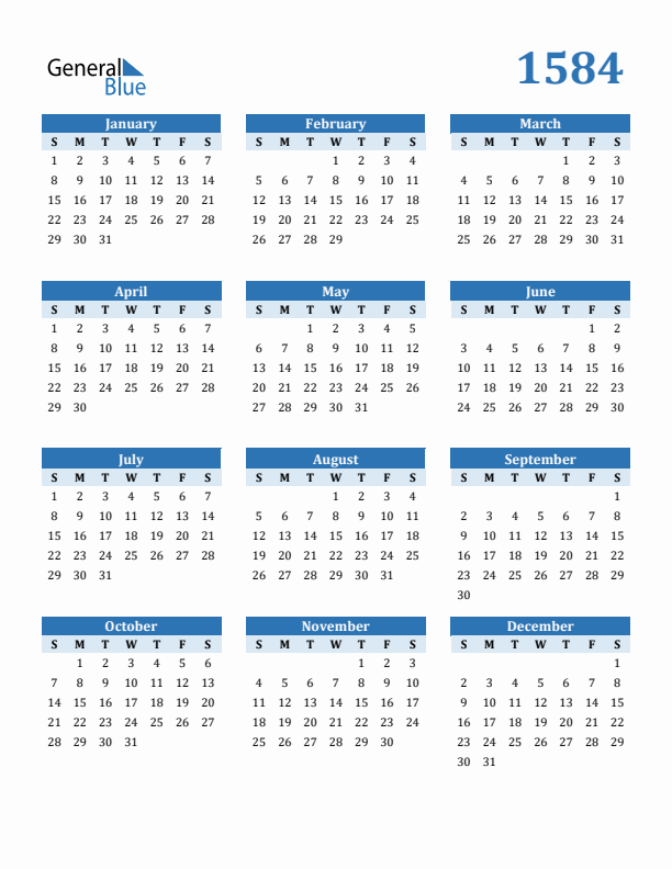 1584 Year Calendar with Sunday Start