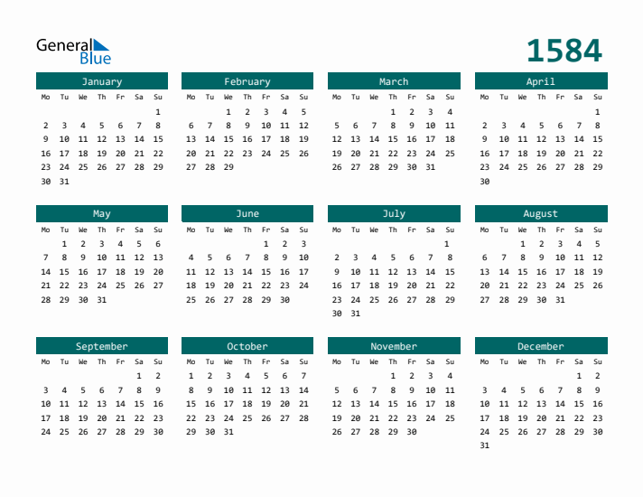 Downloadable 1584 Calendar