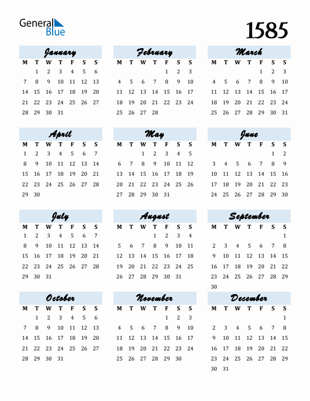 Calendar 1585 Free Download and Print