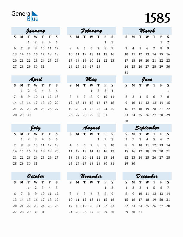 Calendar 1585 Free Download and Print
