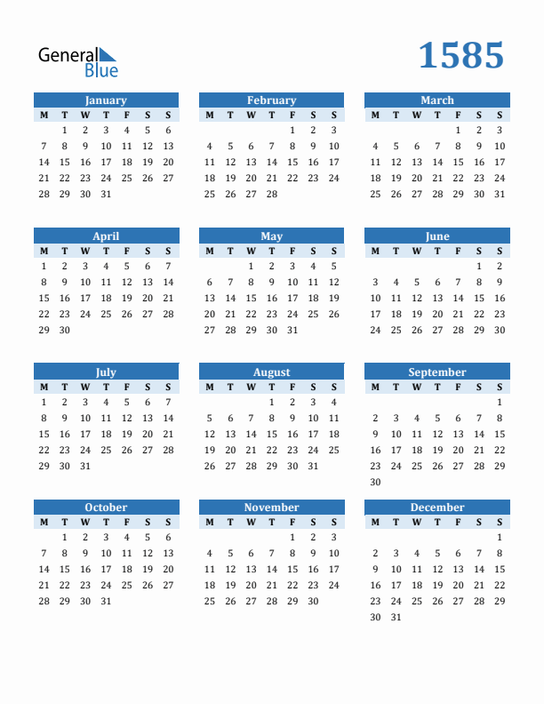 1585 Year Calendar with Monday Start