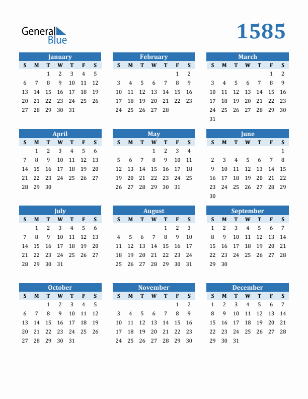 1585 Year Calendar with Sunday Start