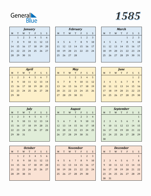 Calendar for 1585 (Monday Start)