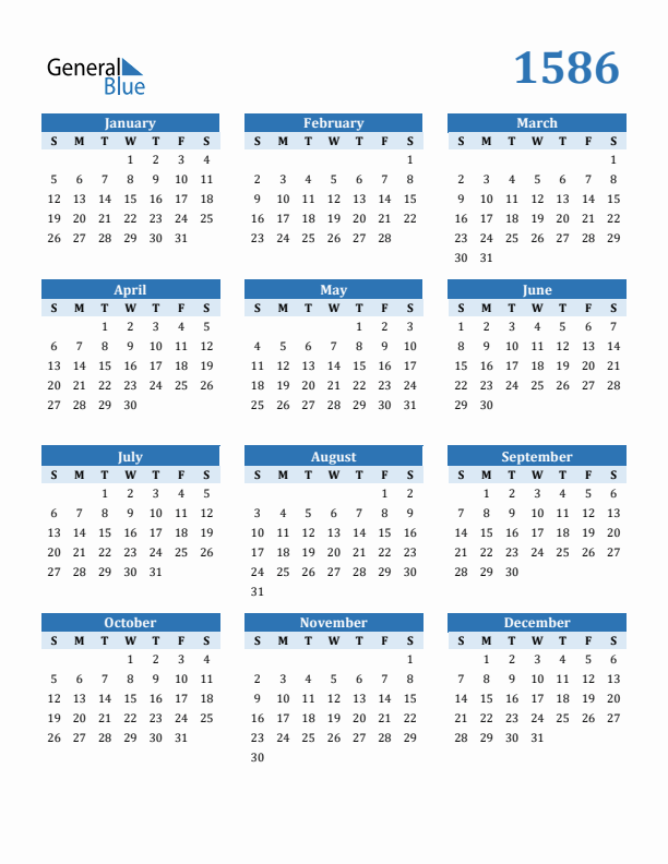 1586 Year Calendar with Sunday Start