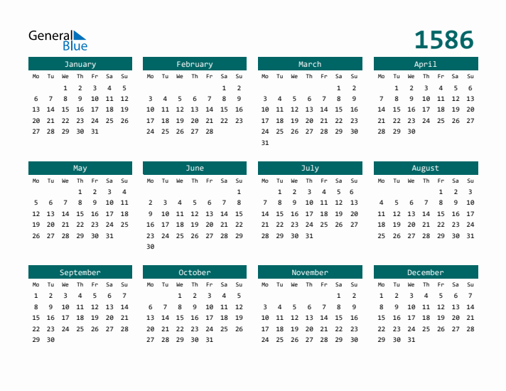 Downloadable 1586 Calendar