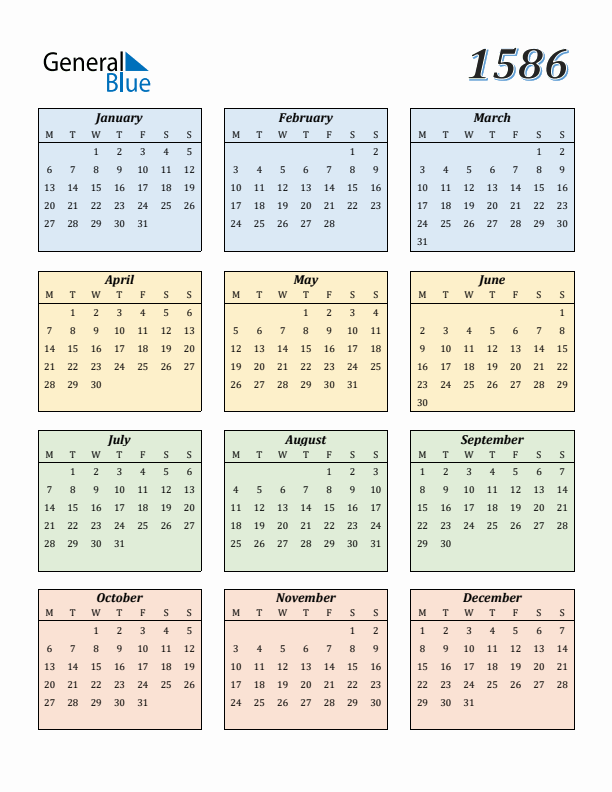 Calendar for 1586 (Monday Start)