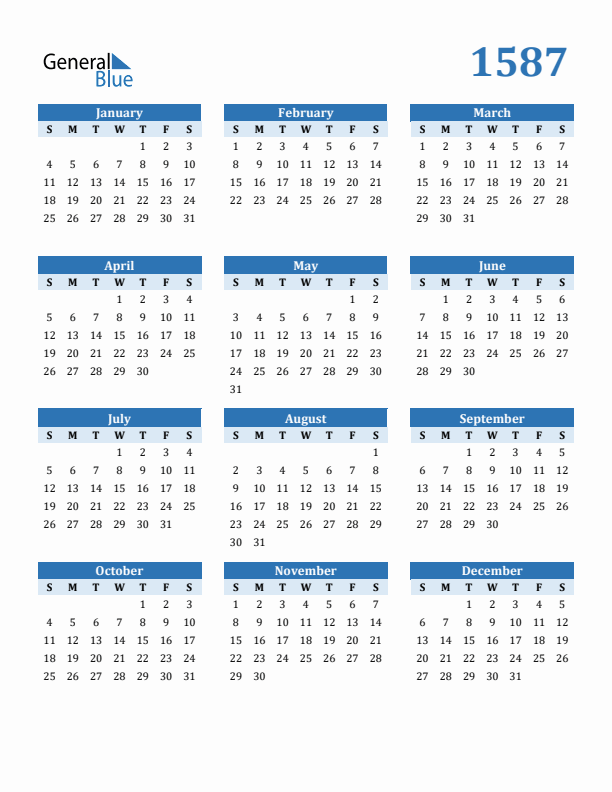 1587 Year Calendar with Sunday Start