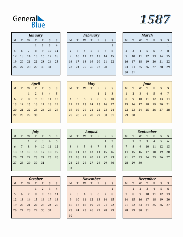 Calendar for 1587 (Monday Start)