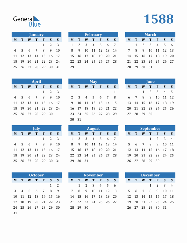 1588 Year Calendar with Monday Start