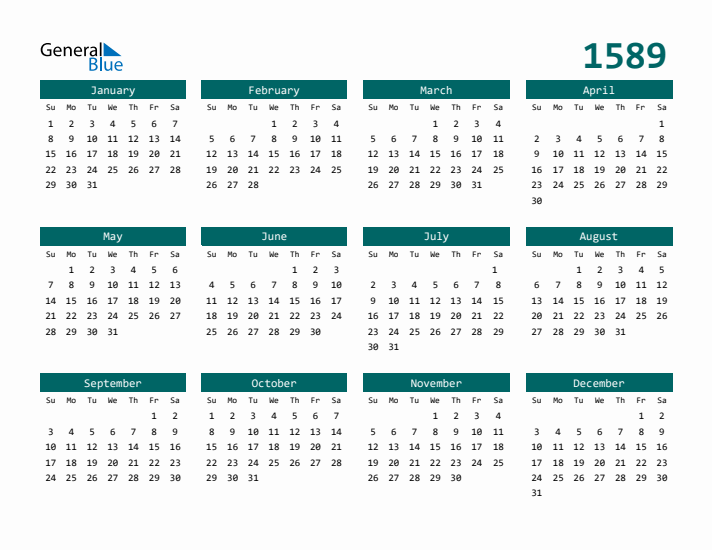 Downloadable 1589 Calendar