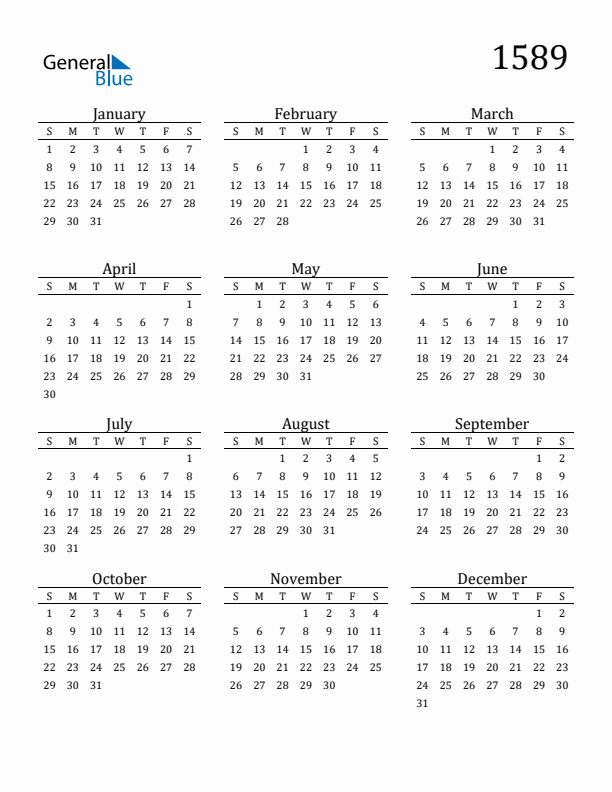 Free Printable Calendar 1589 with Sunday Start