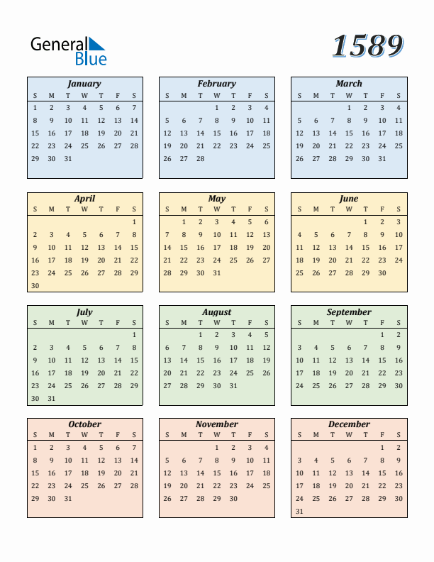 Calendar for 1589 (Sunday Start)