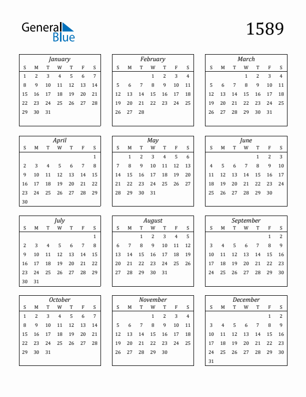 Blank Calendar 1589