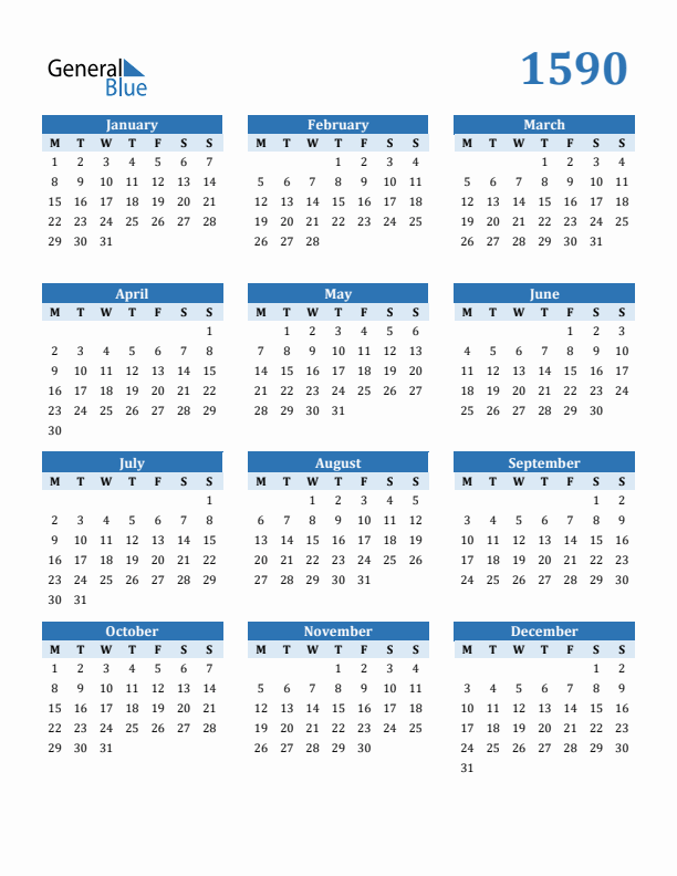 1590 Year Calendar with Monday Start