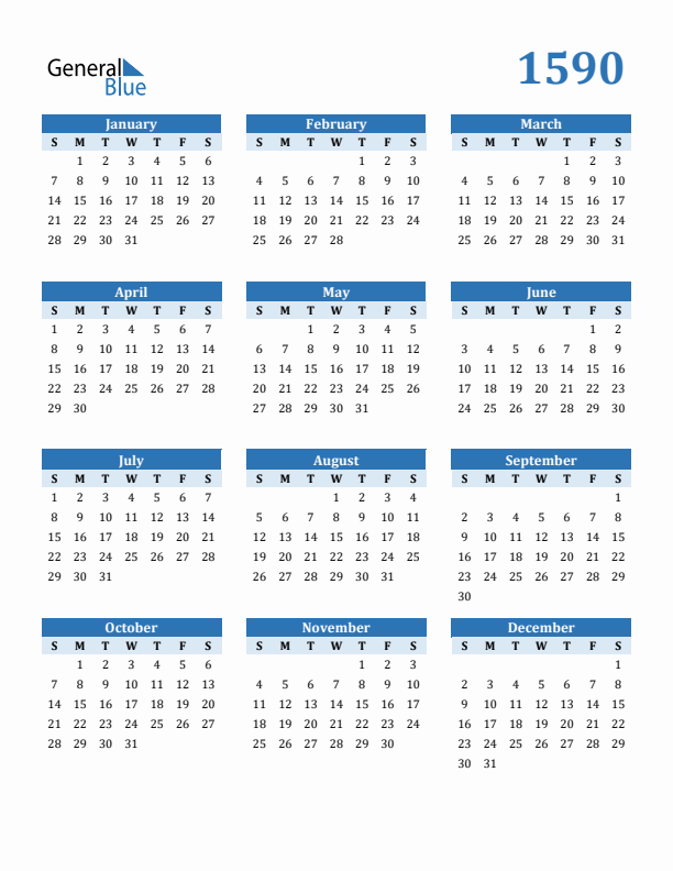 1590 Year Calendar with Sunday Start