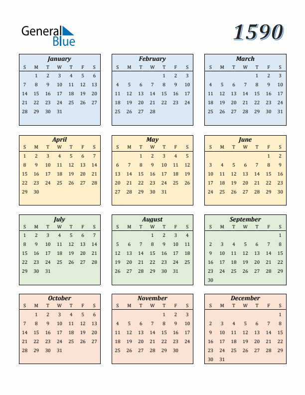 Calendar for 1590 (Sunday Start)