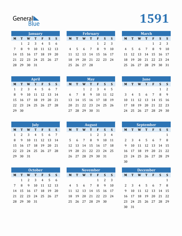 1591 Year Calendar with Monday Start