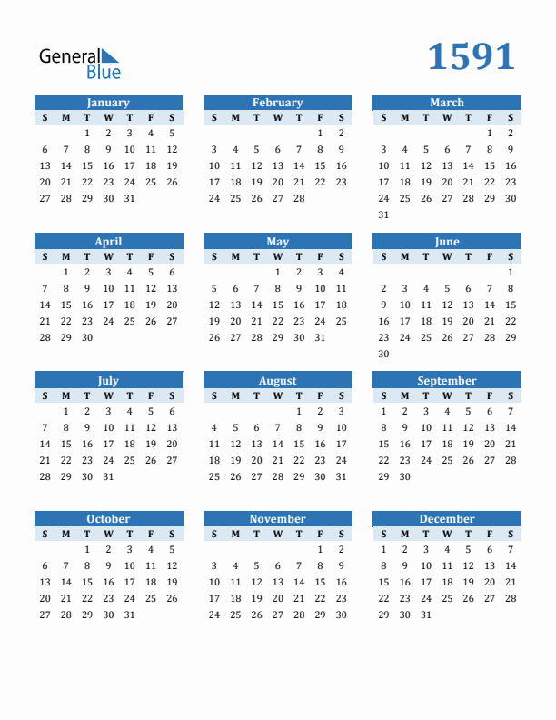 1591 Year Calendar with Sunday Start