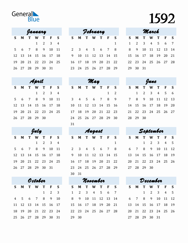 Calendar 1592 Free Download and Print