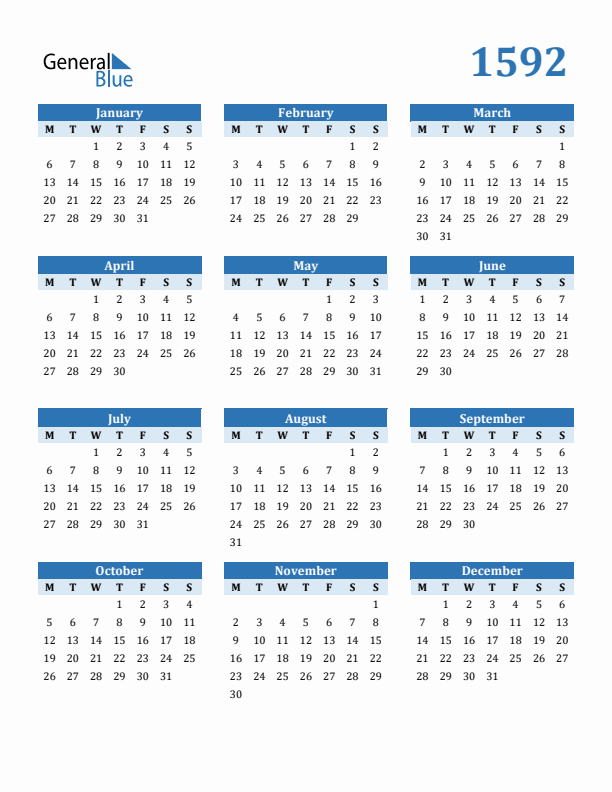 1592 Year Calendar with Monday Start