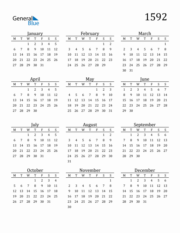 Free Printable Calendar 1592 with Monday Start