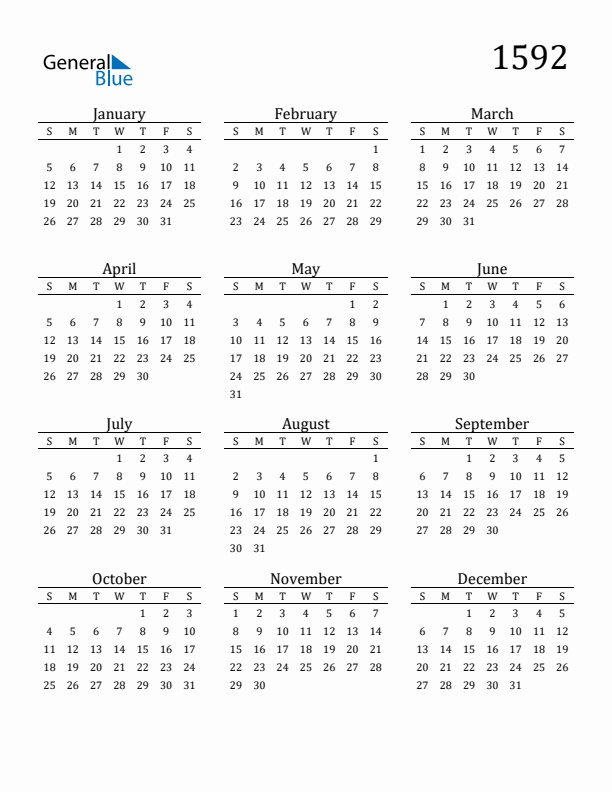 Free Printable Calendar 1592 with Sunday Start
