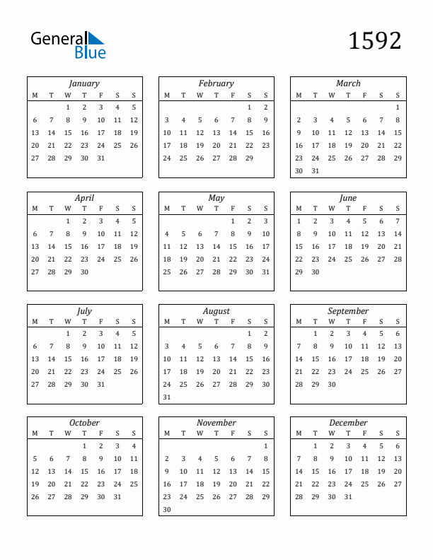 Blank Calendar 1592