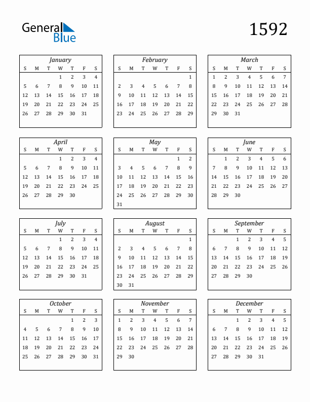 Blank Calendar 1592