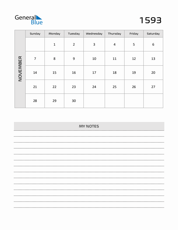 November 1593 Calendar Printable