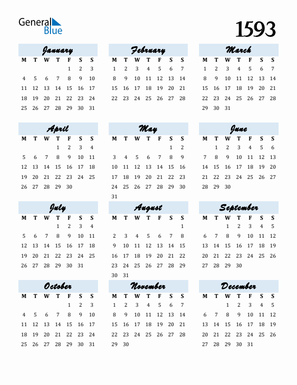 Calendar 1593 Free Download and Print
