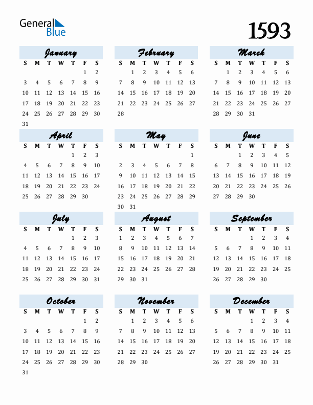 Calendar 1593 Free Download and Print