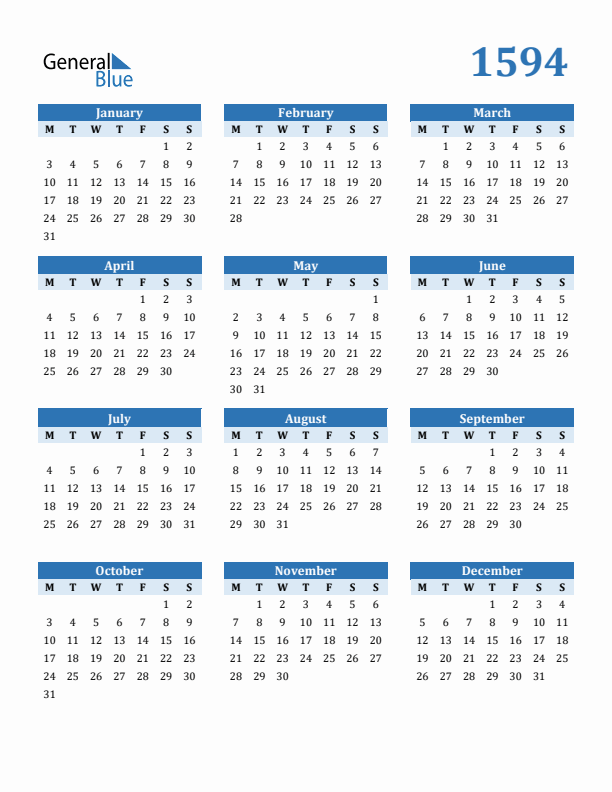 1594 Year Calendar with Monday Start