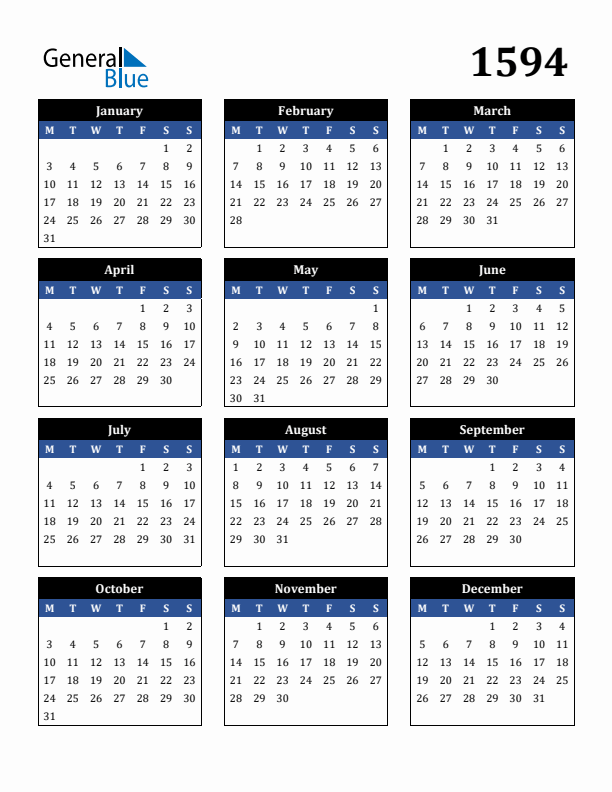 Editable Calendar 1594 - Monday Start