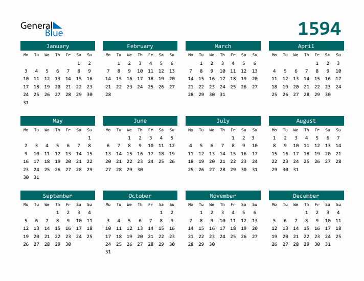 Downloadable 1594 Calendar