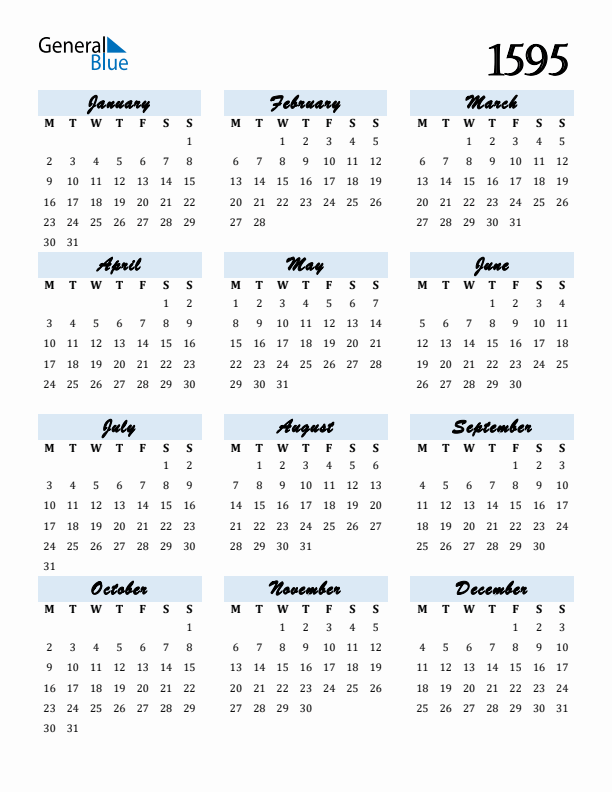 Calendar 1595 Free Download and Print