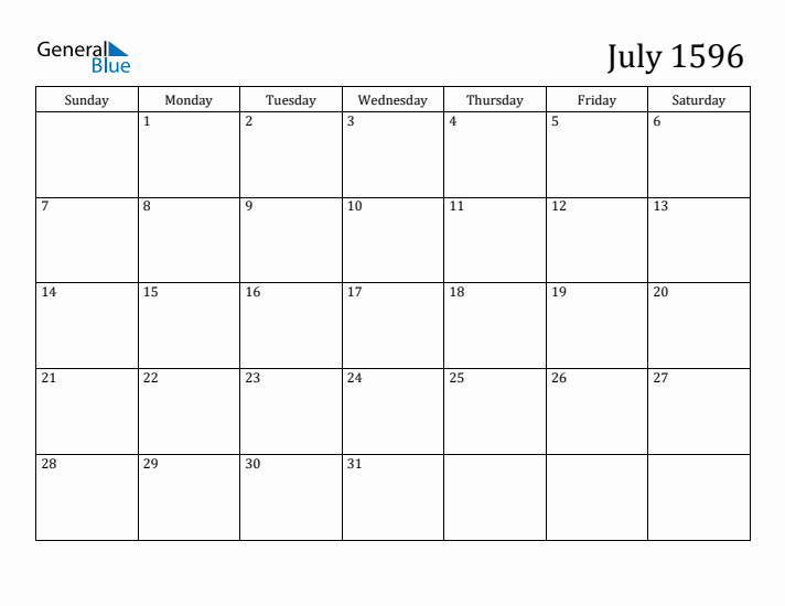 July 1596 Calendar