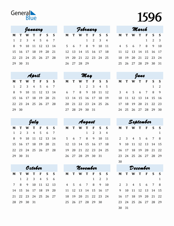 Calendar 1596 Free Download and Print