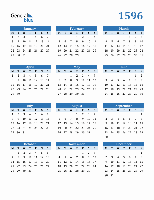 1596 Year Calendar with Monday Start
