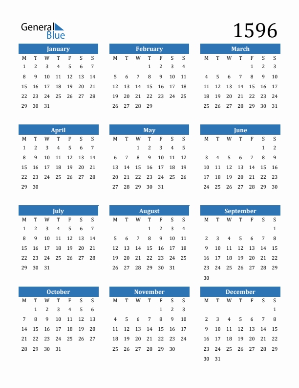 1596 Calendar