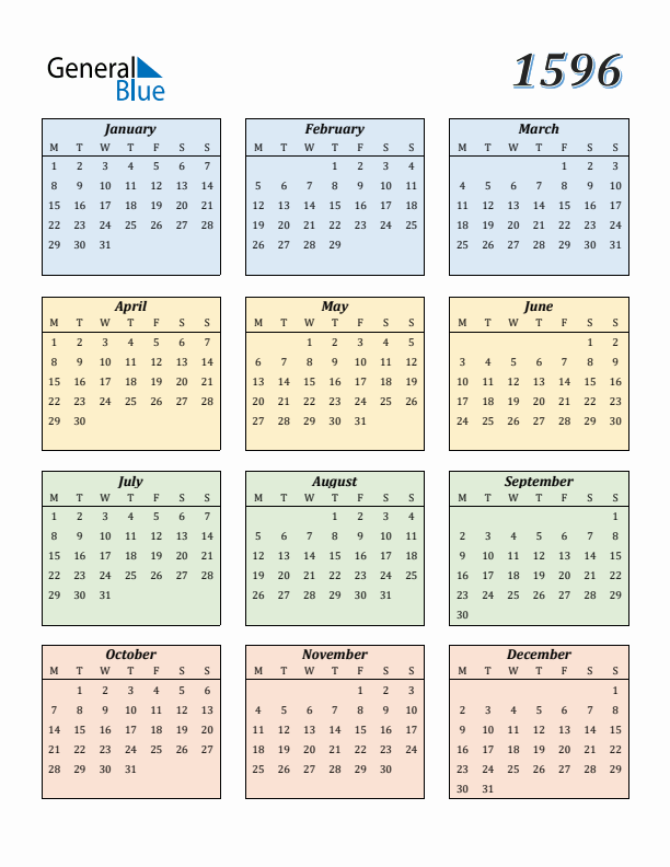 Calendar for 1596 (Monday Start)