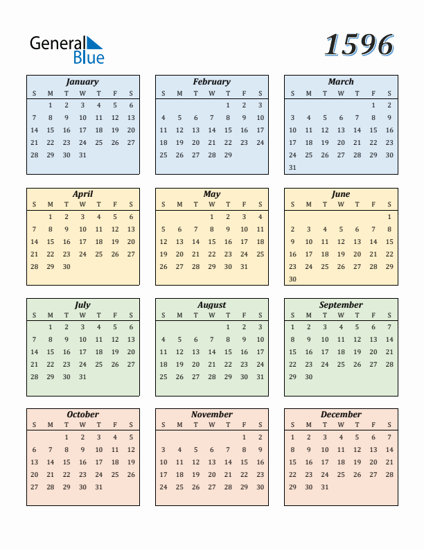 Calendar for 1596 (Sunday Start)