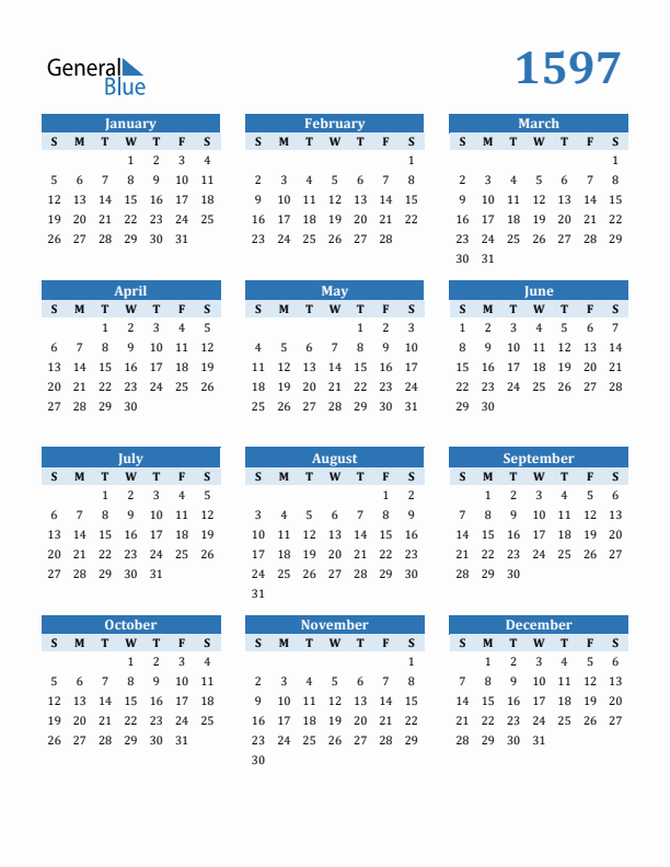 1597 Year Calendar with Sunday Start