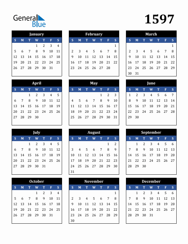 Editable Calendar 1597 - Sunday Start