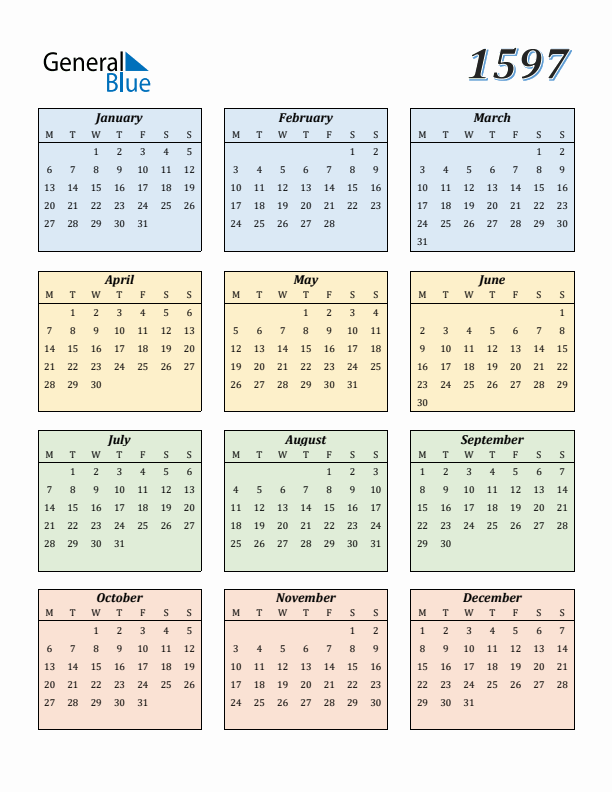Calendar for 1597 (Monday Start)